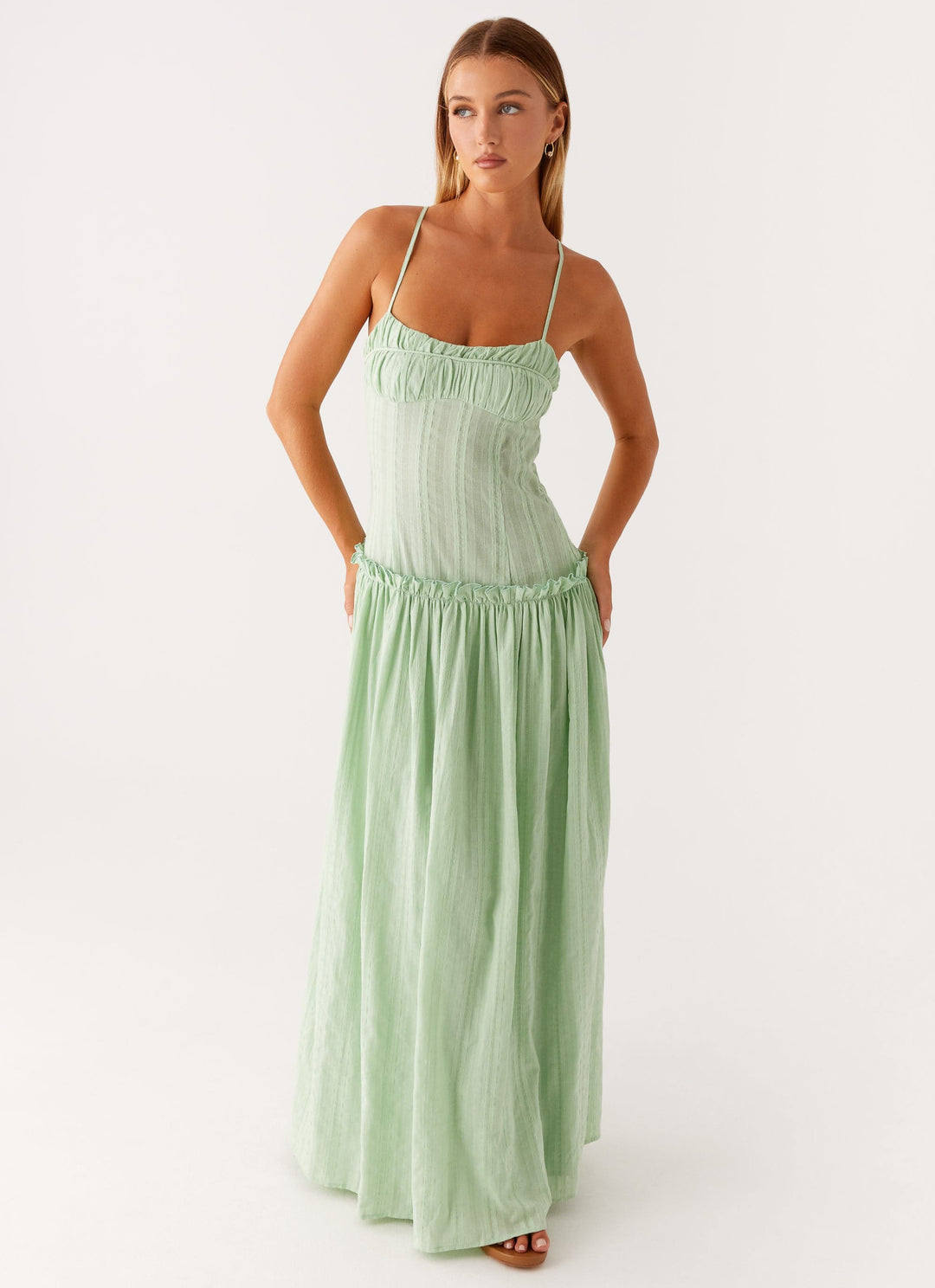 Women's Sleeveless Gathered Bust Maxi Dress with Spaghetti Straps and Ruffle Waist