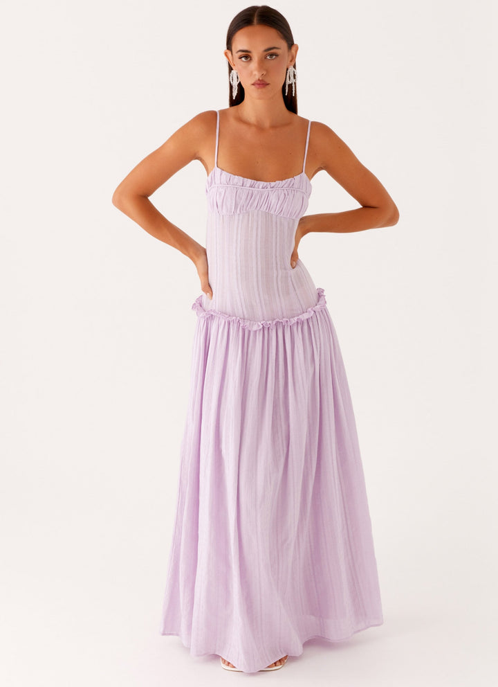 Women's Sleeveless Gathered Bust Maxi Dress with Spaghetti Straps and Ruffle Waist