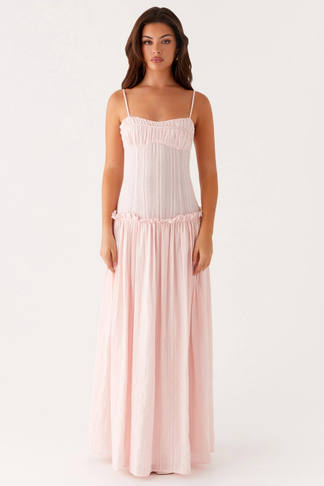 Women's Sleeveless Gathered Bust Maxi Dress with Spaghetti Straps and Ruffle Waist