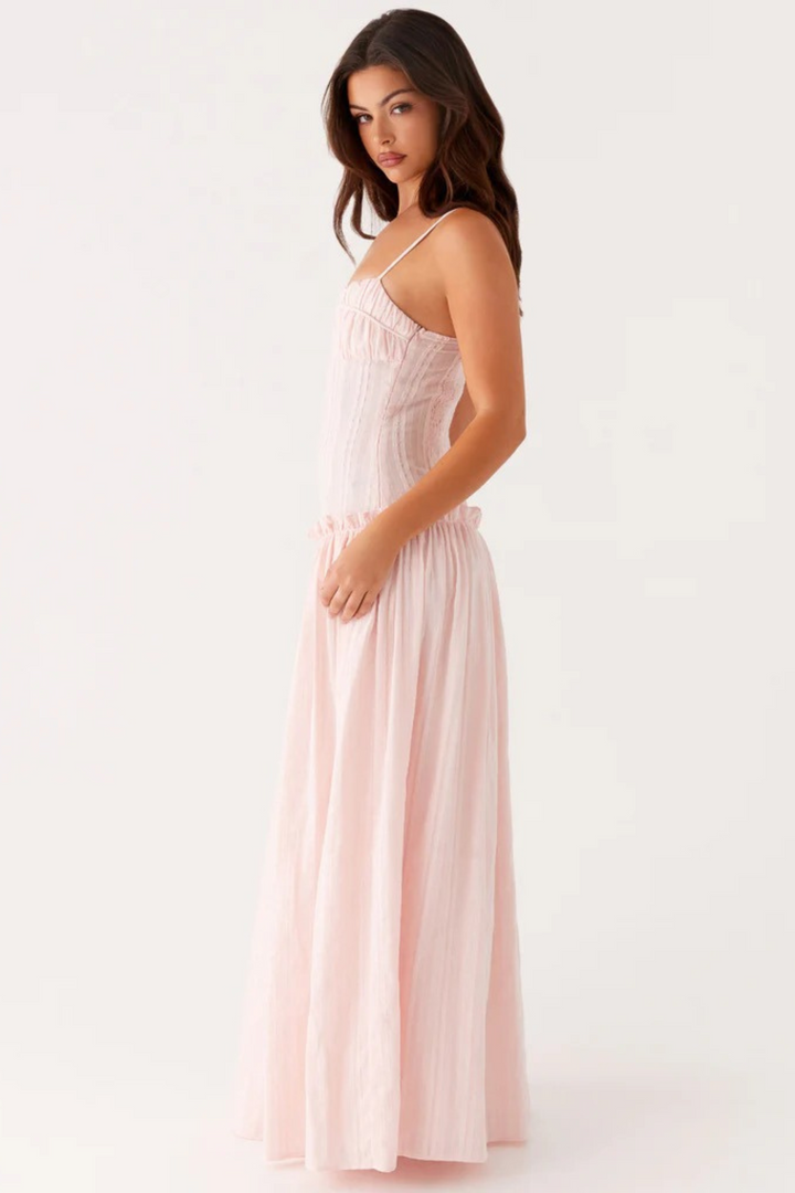 Women's Sleeveless Gathered Bust Maxi Dress with Spaghetti Straps and Ruffle Waist