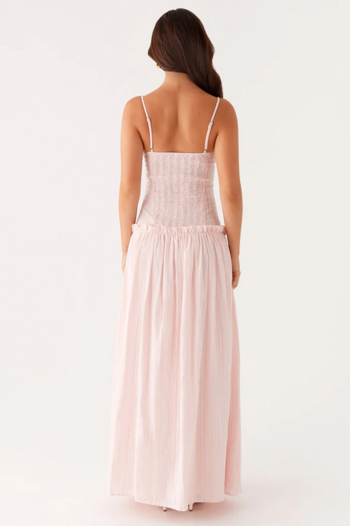 Women's Sleeveless Gathered Bust Maxi Dress with Spaghetti Straps and Ruffle Waist