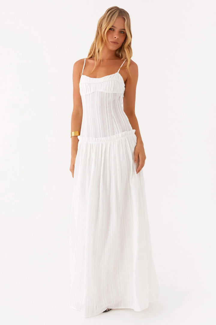 Women's Sleeveless Gathered Bust Maxi Dress with Spaghetti Straps and Ruffle Waist