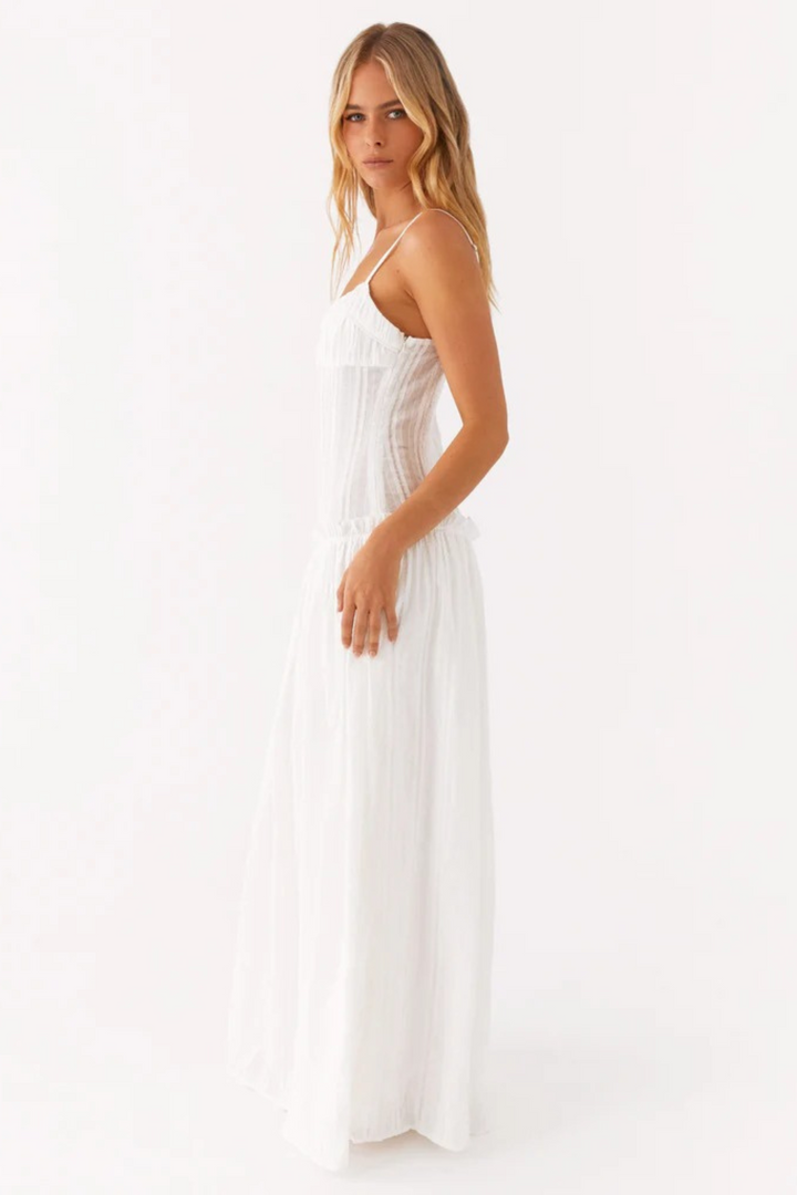 Women's Sleeveless Gathered Bust Maxi Dress with Spaghetti Straps and Ruffle Waist