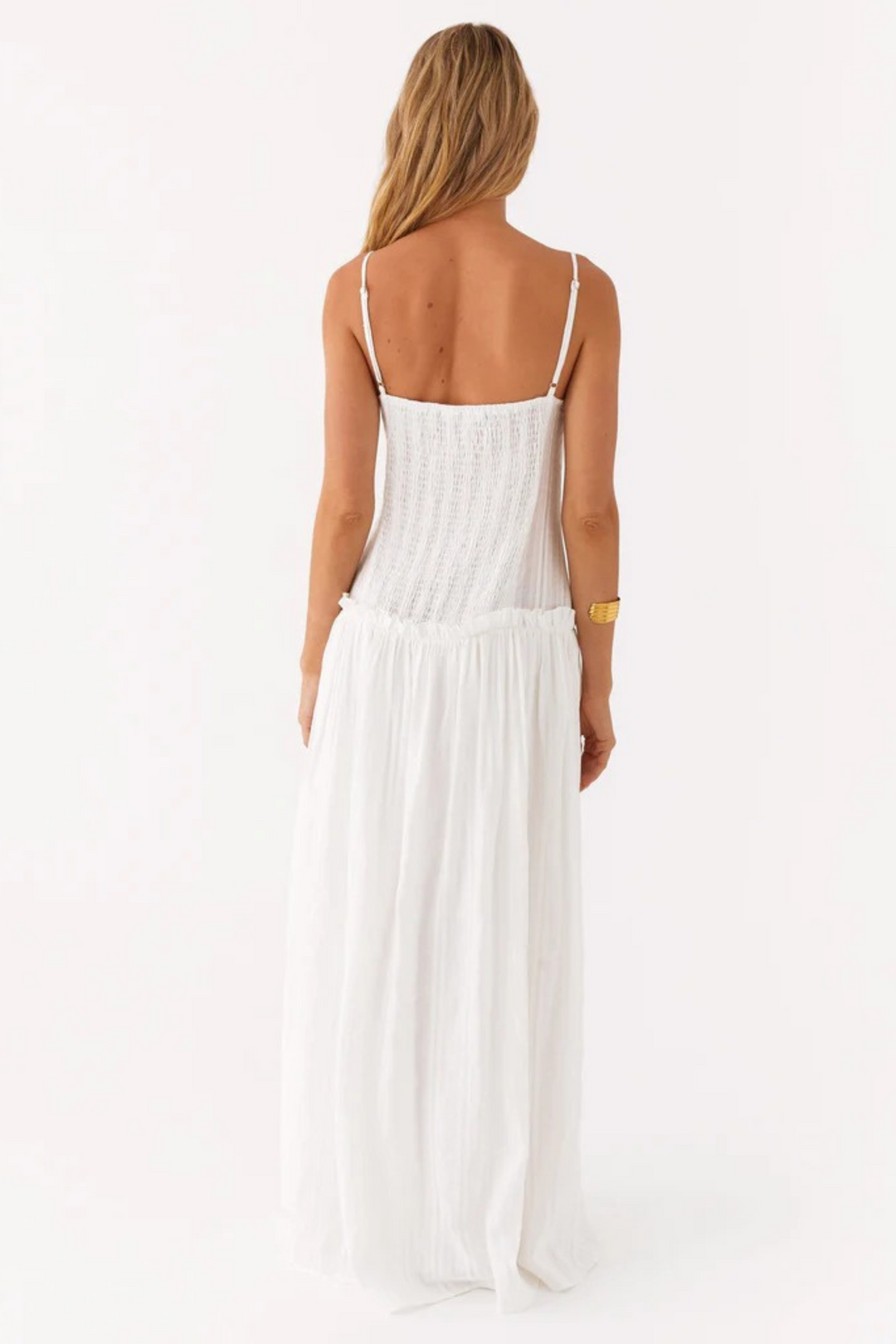 Women's Sleeveless Gathered Bust Maxi Dress with Spaghetti Straps and Ruffle Waist
