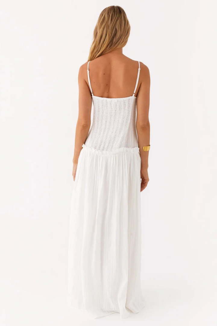 Women's Sleeveless Gathered Bust Maxi Dress with Spaghetti Straps and Ruffle Waist