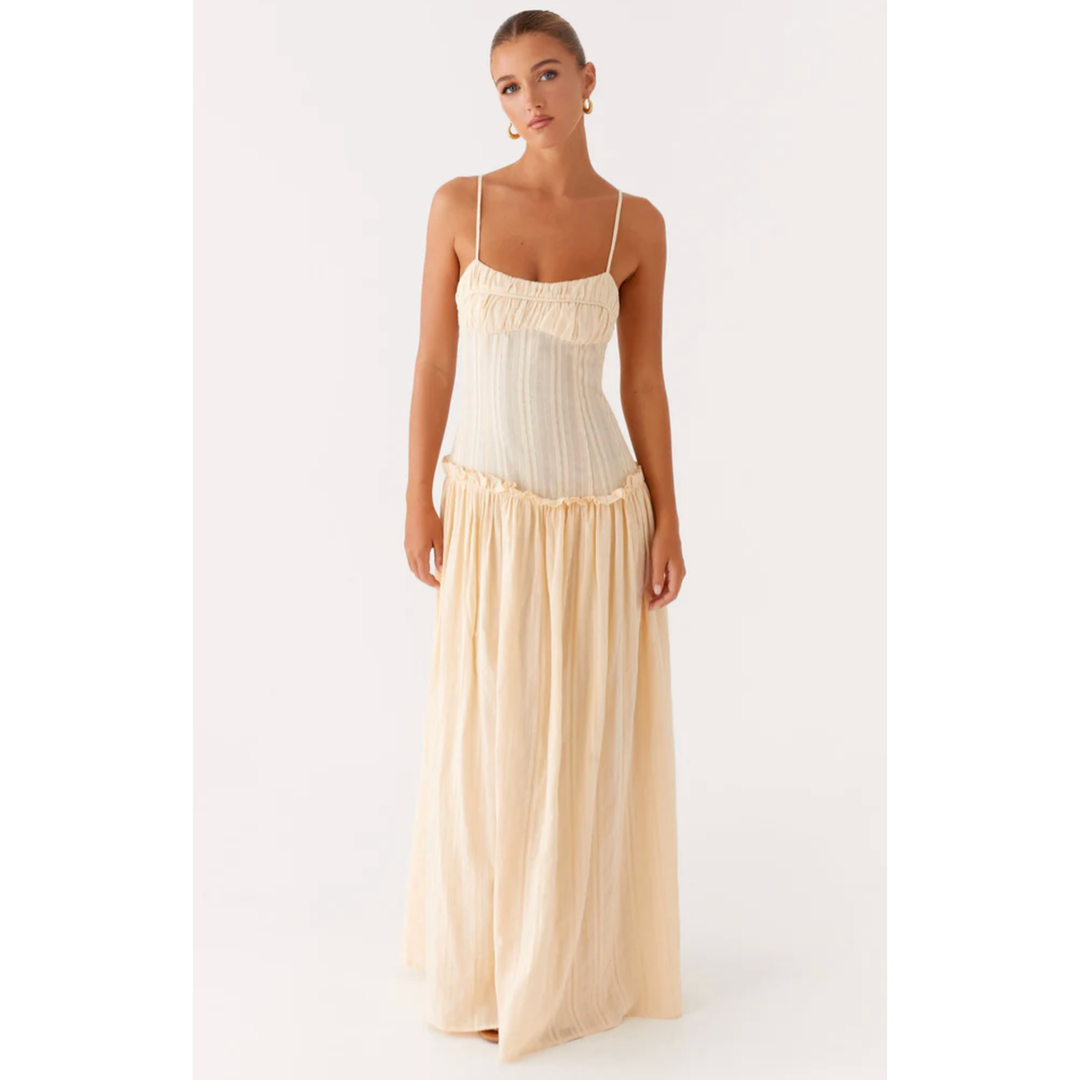 Women's Sleeveless Gathered Bust Maxi Dress with Spaghetti Straps and Ruffle Waist