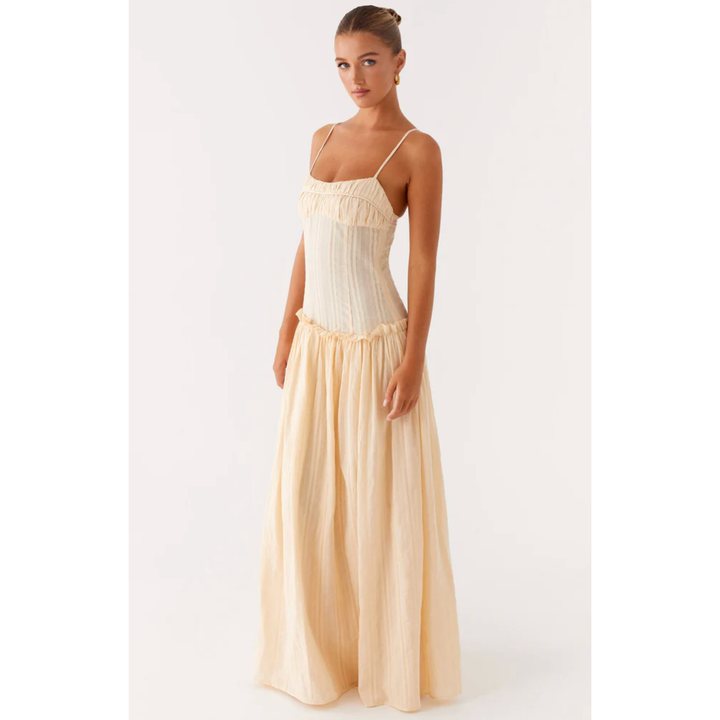 Women's Sleeveless Gathered Bust Maxi Dress with Spaghetti Straps and Ruffle Waist