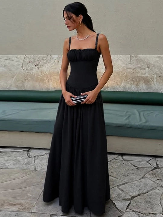 Women's Sleeveless Gathered Bust Maxi Dress with Thin Straps and Drop Waist
