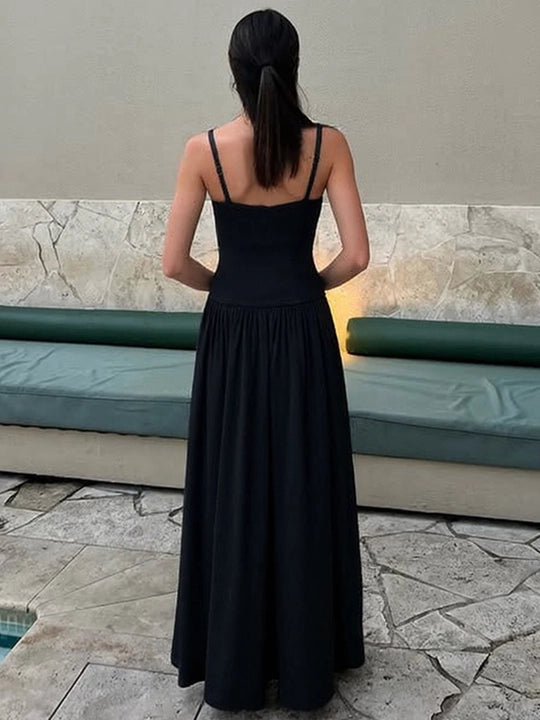 Women's Sleeveless Gathered Bust Maxi Dress with Thin Straps and Drop Waist