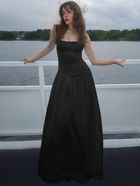 Women's Sleeveless Gathered Bust Maxi Dress with Thin Straps and Drop Waist