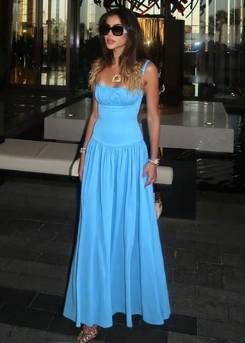 Women's Sleeveless Gathered Bust Maxi Dress with Thin Straps and Drop Waist