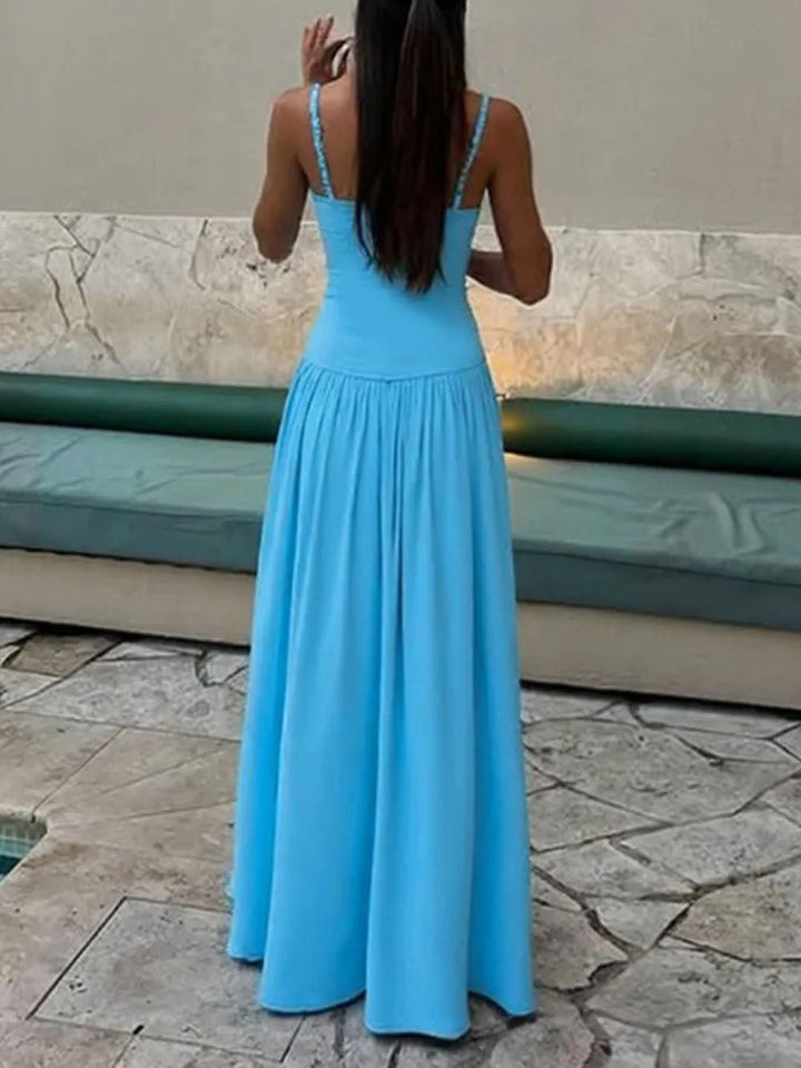 Women's Sleeveless Gathered Bust Maxi Dress with Thin Straps and Drop Waist