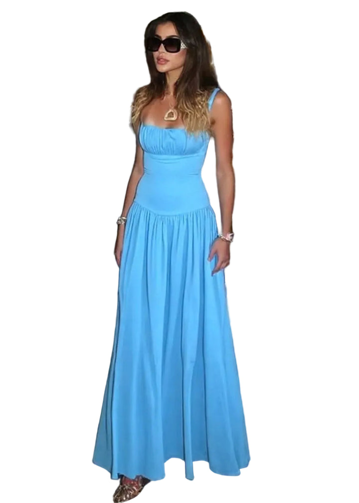 Women's Sleeveless Gathered Bust Maxi Dress with Thin Straps and Drop Waist