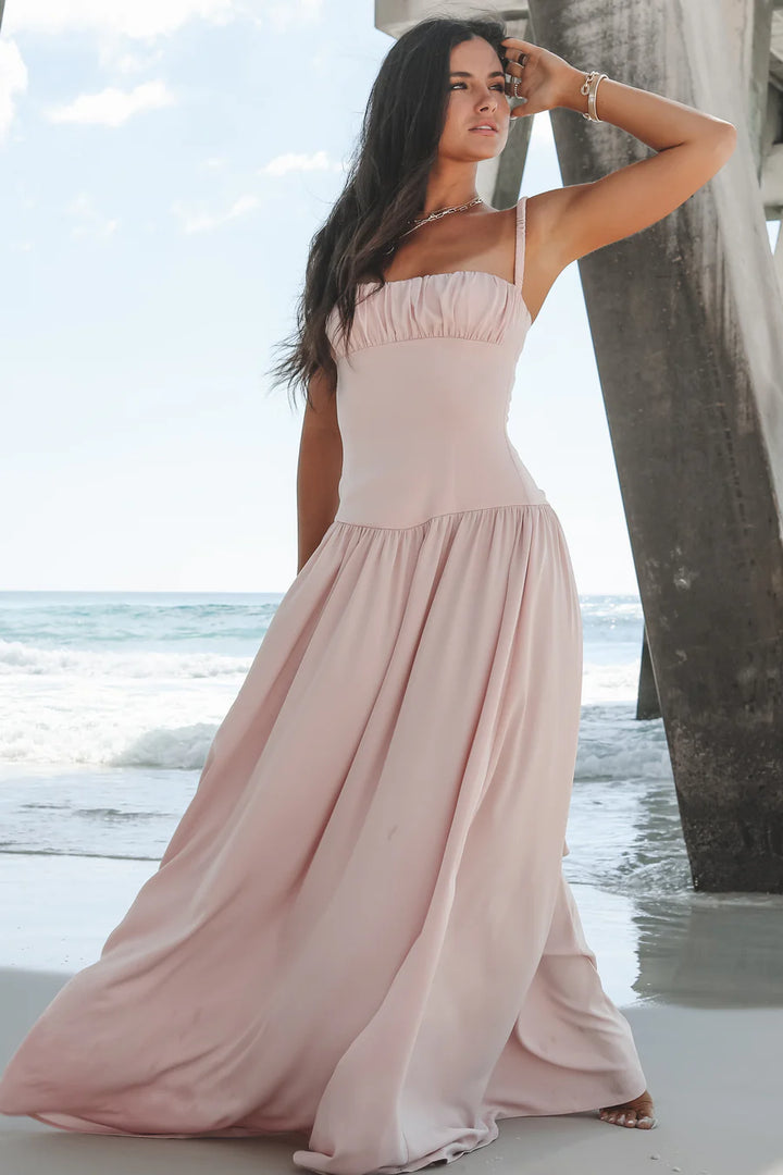 Women's Sleeveless Gathered Bust Maxi Dress with Thin Straps and Drop Waist