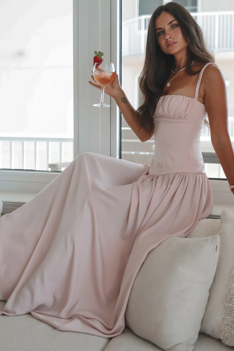 Women's Sleeveless Gathered Bust Maxi Dress with Thin Straps and Drop Waist