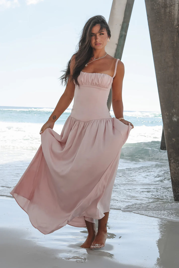 Women's Sleeveless Gathered Bust Maxi Dress with Thin Straps and Drop Waist
