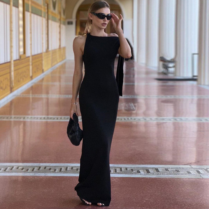 Women's Sleeveless High Neckline Maxi Dress with One-Shoulder Drape