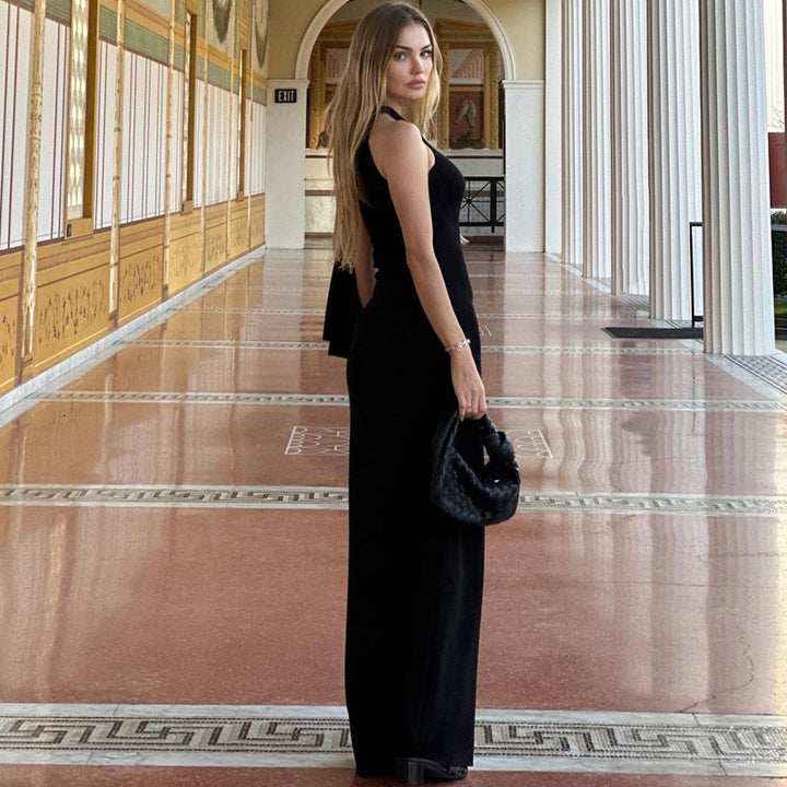 Women's Sleeveless High Neckline Maxi Dress with One-Shoulder Drape