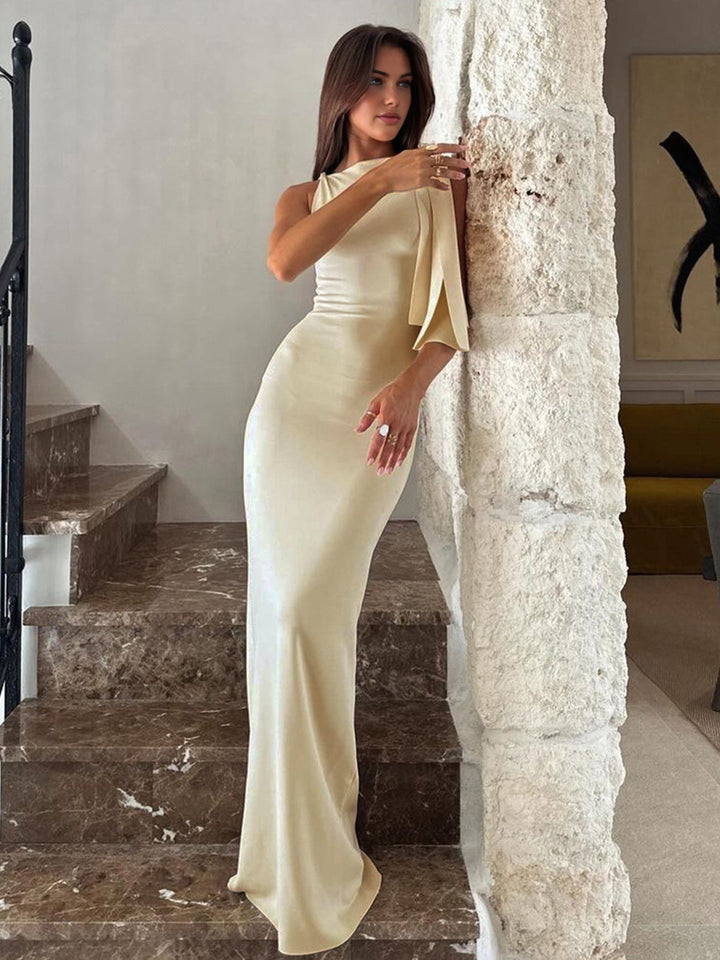 Women's Sleeveless High Neckline Maxi Dress with One-Shoulder Drape