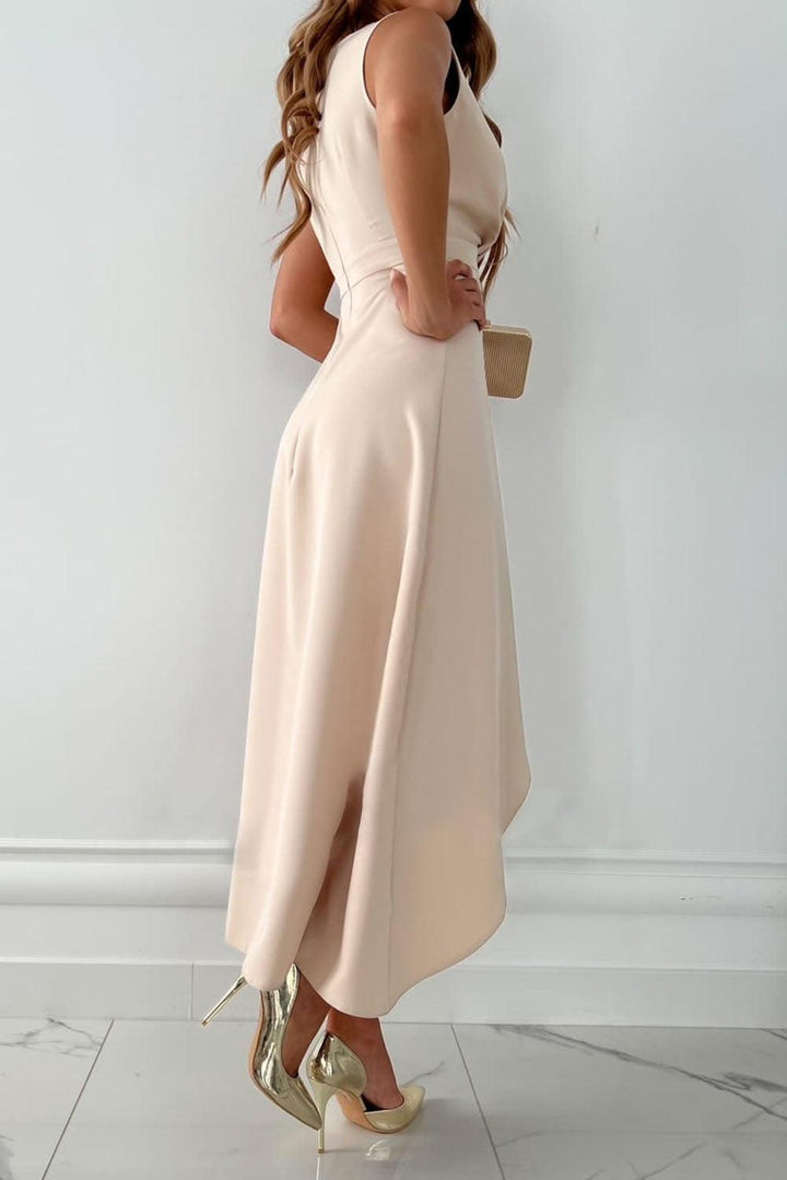 Women's Sleeveless V-Neck Wrap Dress with Asymmetrical Hem and Ruffle Front Panel