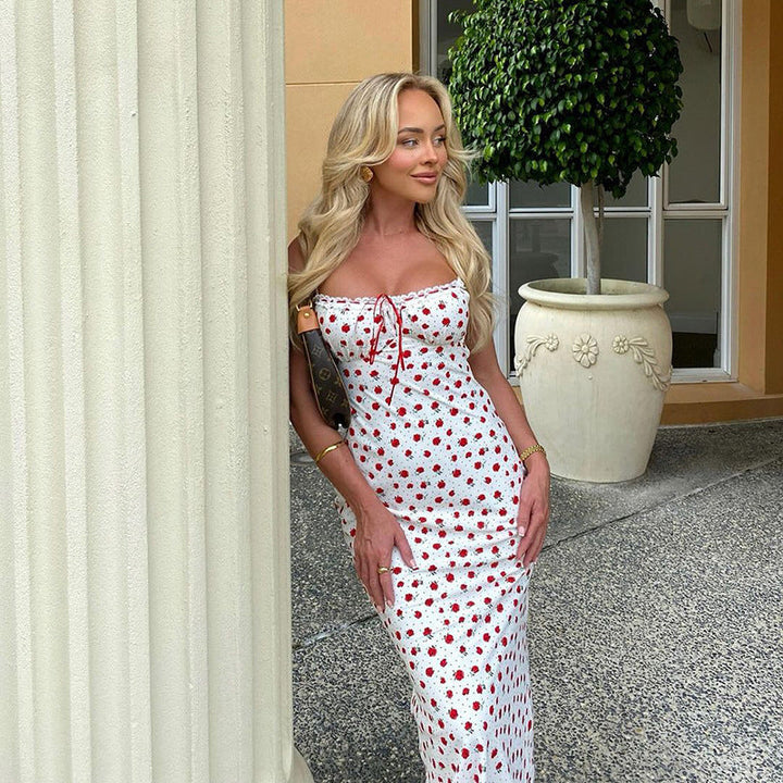 Women's Spaghetti Strap Maxi Dress with Bust Tie and Floral Print