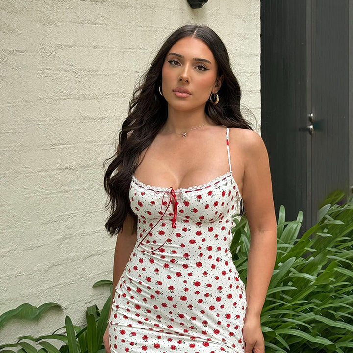 Women's Spaghetti Strap Maxi Dress with Bust Tie and Floral Print