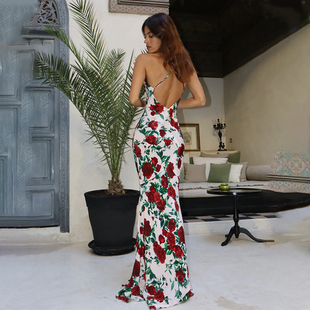 Women's Spaghetti Strap Maxi Dress with Neck Scarf and Rose Print