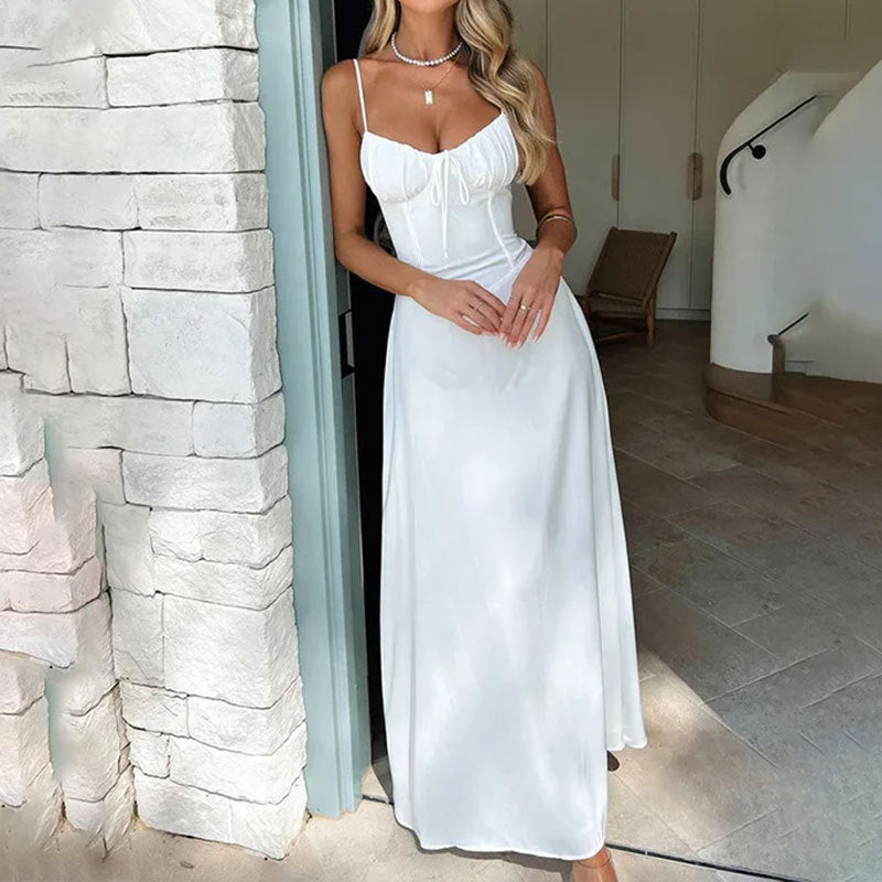 Women's Spaghetti Strap Maxi Dress with Ruched Bustline and Front Tie