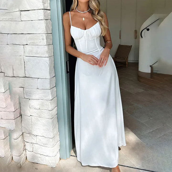 Women's Spaghetti Strap Maxi Dress with Ruched Bustline and Front Tie