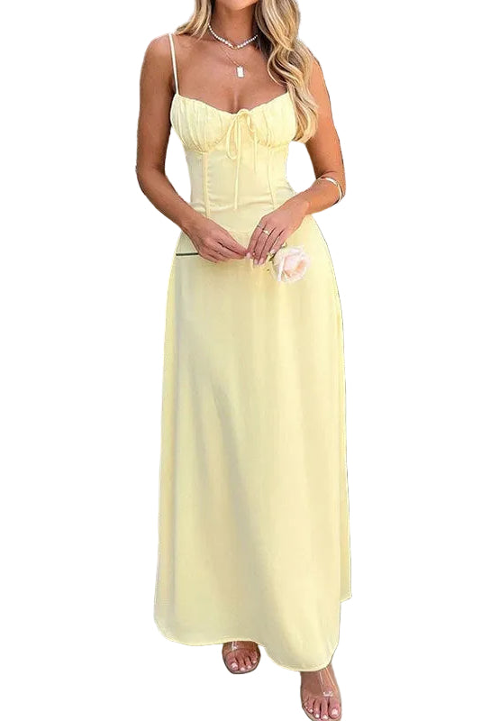 Women's Spaghetti Strap Maxi Dress with Ruched Bustline and Front Tie
