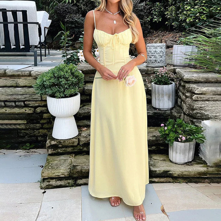 Women's Spaghetti Strap Maxi Dress with Ruched Bustline and Front Tie