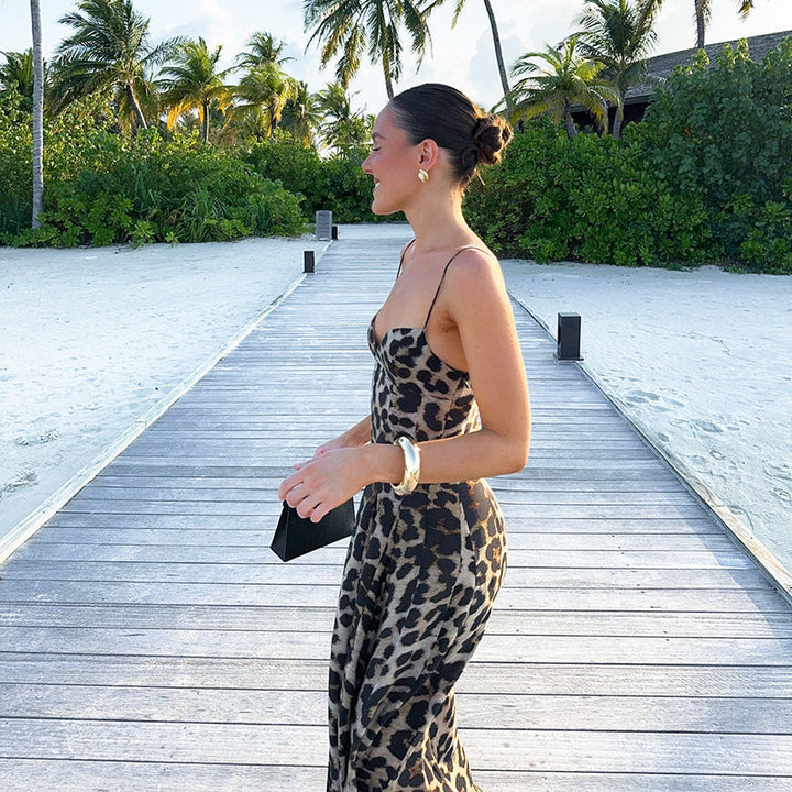 Women's Spaghetti Strap Maxi Dress with Sweetheart Neckline and Leopard Print