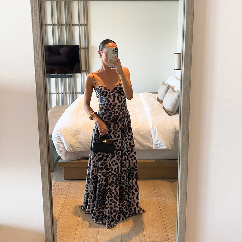 Women's Spaghetti Strap Maxi Dress with Sweetheart Neckline and Leopard Print