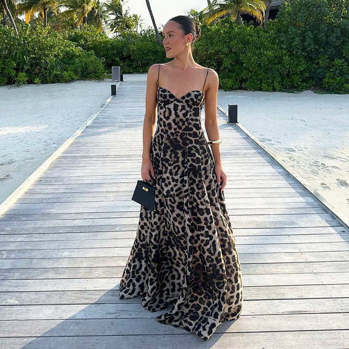 Women's Spaghetti Strap Maxi Dress with Sweetheart Neckline and Leopard Print