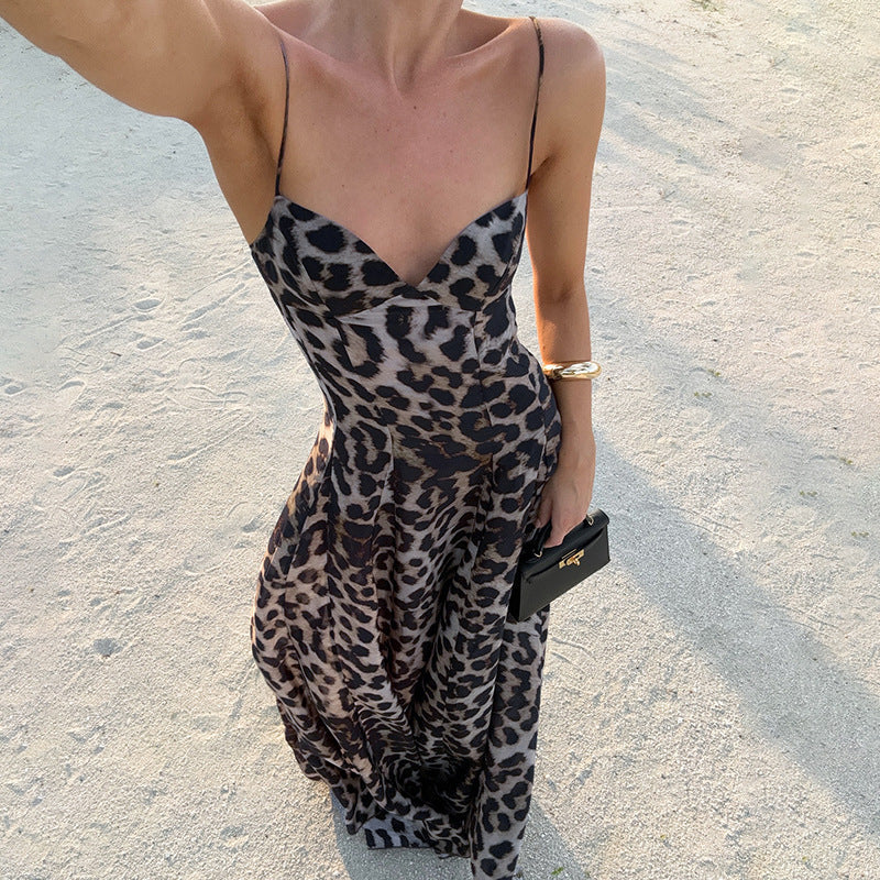 Women's Spaghetti Strap Maxi Dress with Sweetheart Neckline and Leopard Print