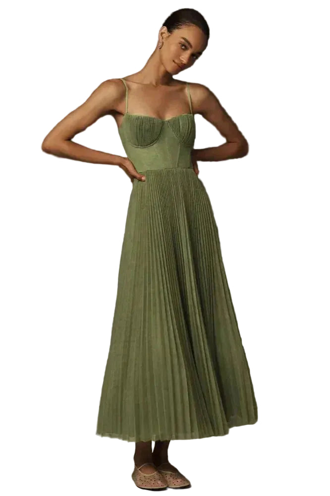 Women's Spaghetti Strap Pleated Maxi Dress with Structured Bustline and Ankle-Length Skirt