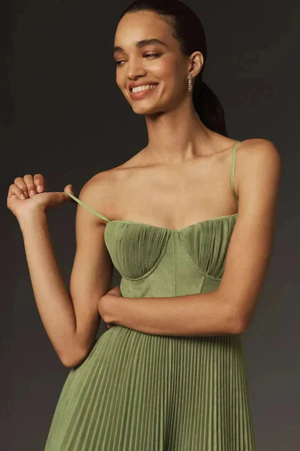 Women's Spaghetti Strap Pleated Maxi Dress with Structured Bustline and Ankle-Length Skirt