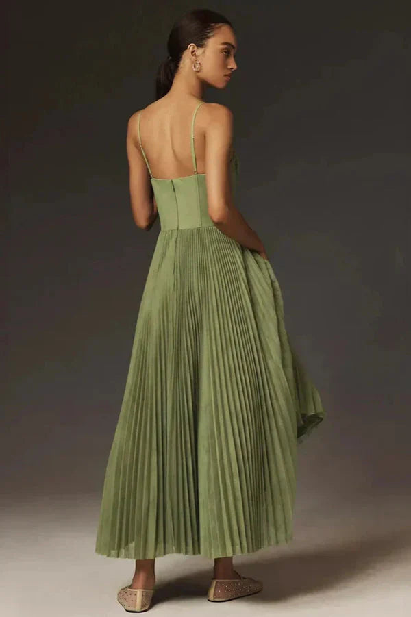 Women's Spaghetti Strap Pleated Maxi Dress with Structured Bustline and Ankle-Length Skirt