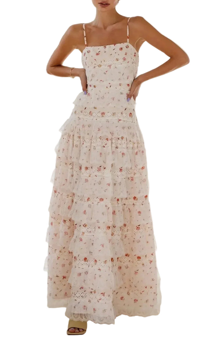 Women's Spaghetti Strap Square Neck Maxi Dress with Tiered Ruffle Skirt and Lace Trim