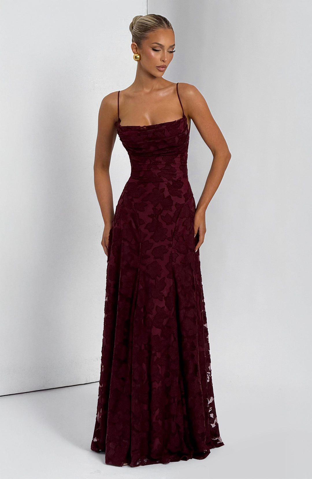 Women's Spaghetti Strap Straight Neckline Maxi Dress with Floral Lace Surface and A-Line Skirt