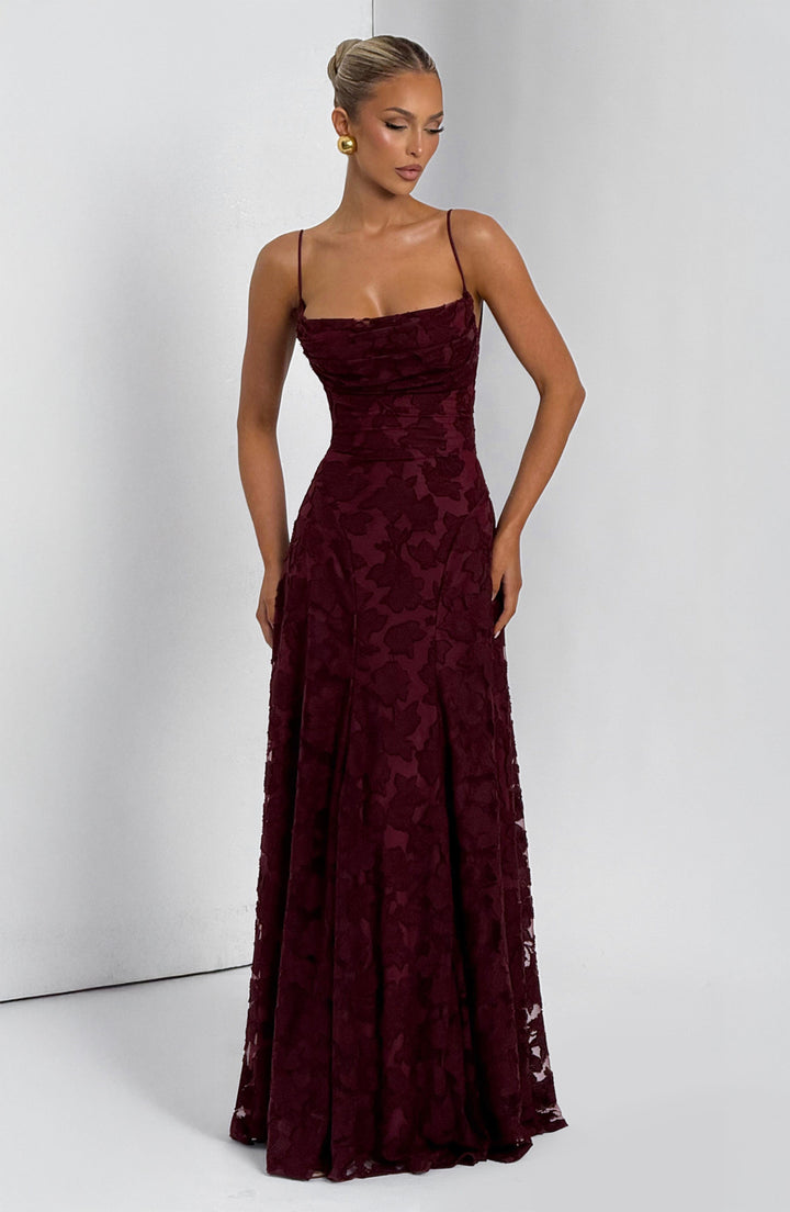 Women's Spaghetti Strap Straight Neckline Maxi Dress with Floral Lace Surface and A-Line Skirt