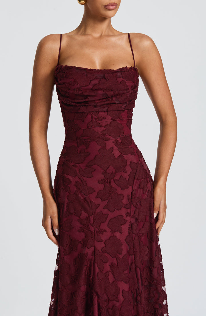Women's Spaghetti Strap Straight Neckline Maxi Dress with Floral Lace Surface and A-Line Skirt