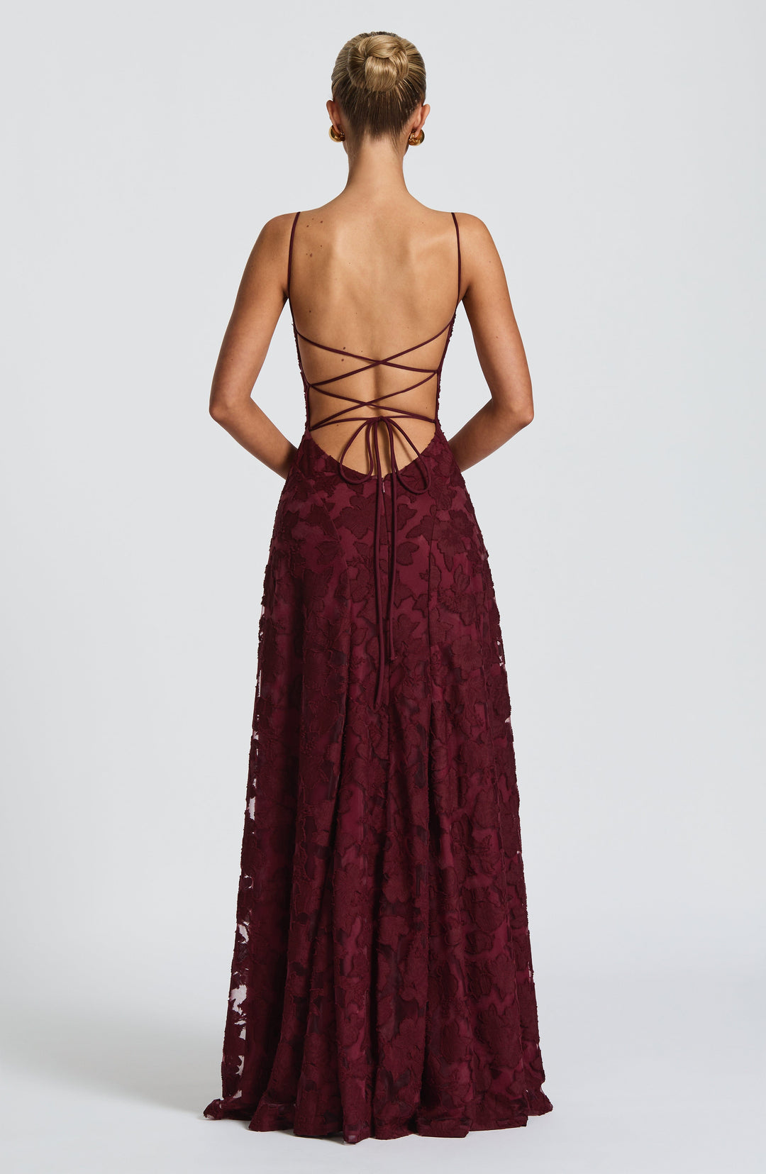 Women's Spaghetti Strap Straight Neckline Maxi Dress with Floral Lace Surface and A-Line Skirt