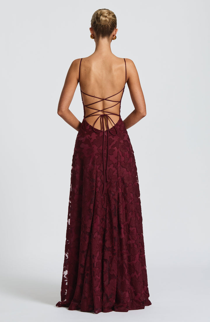 Women's Spaghetti Strap Straight Neckline Maxi Dress with Floral Lace Surface and A-Line Skirt