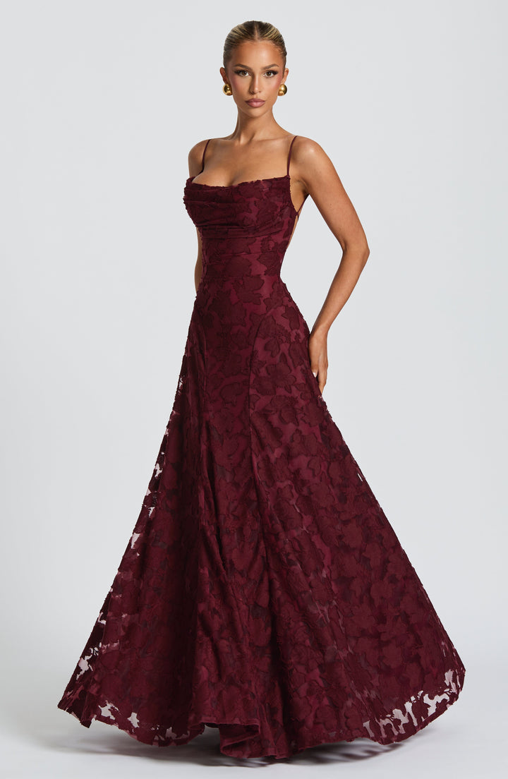 Women's Spaghetti Strap Straight Neckline Maxi Dress with Floral Lace Surface and A-Line Skirt