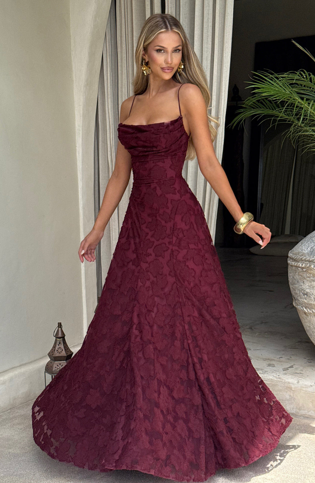 Women's Spaghetti Strap Straight Neckline Maxi Dress with Floral Lace Surface and A-Line Skirt