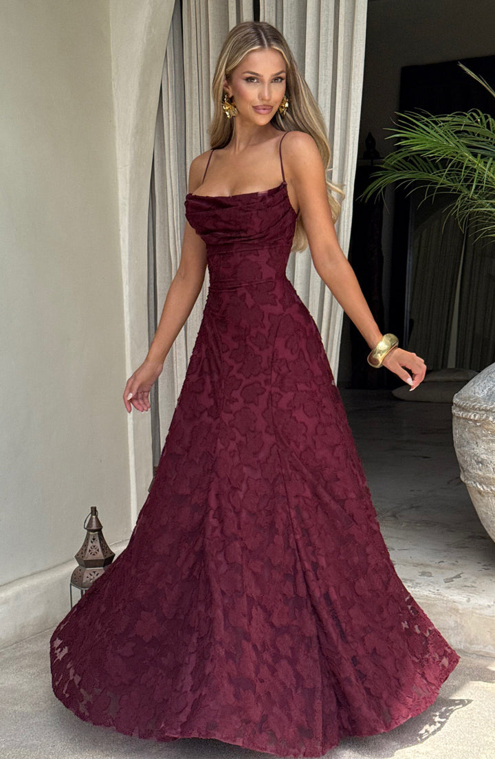 Women's Spaghetti Strap Straight Neckline Maxi Dress with Floral Lace Surface and A-Line Skirt