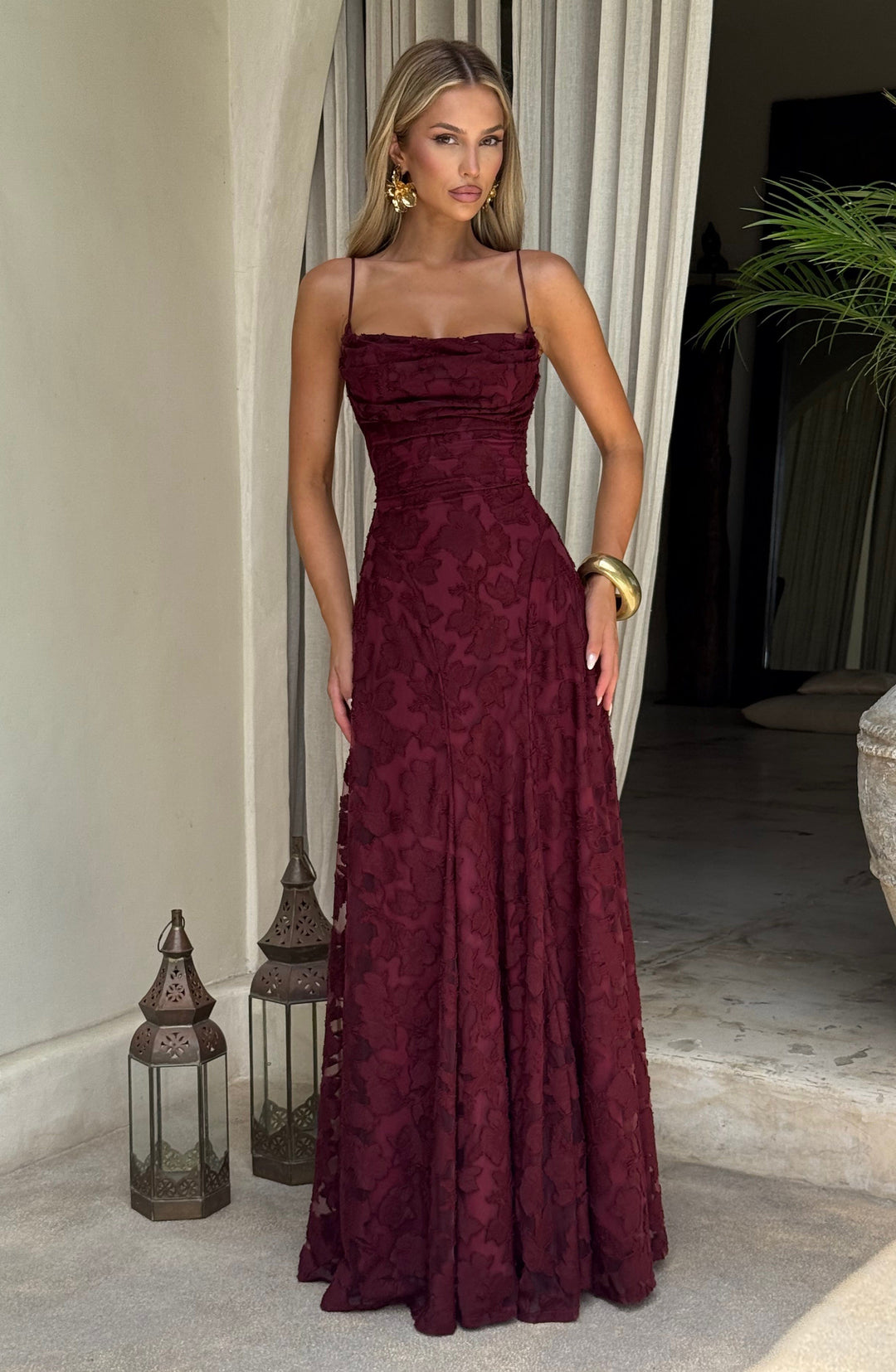 Women's Spaghetti Strap Straight Neckline Maxi Dress with Floral Lace Surface and A-Line Skirt