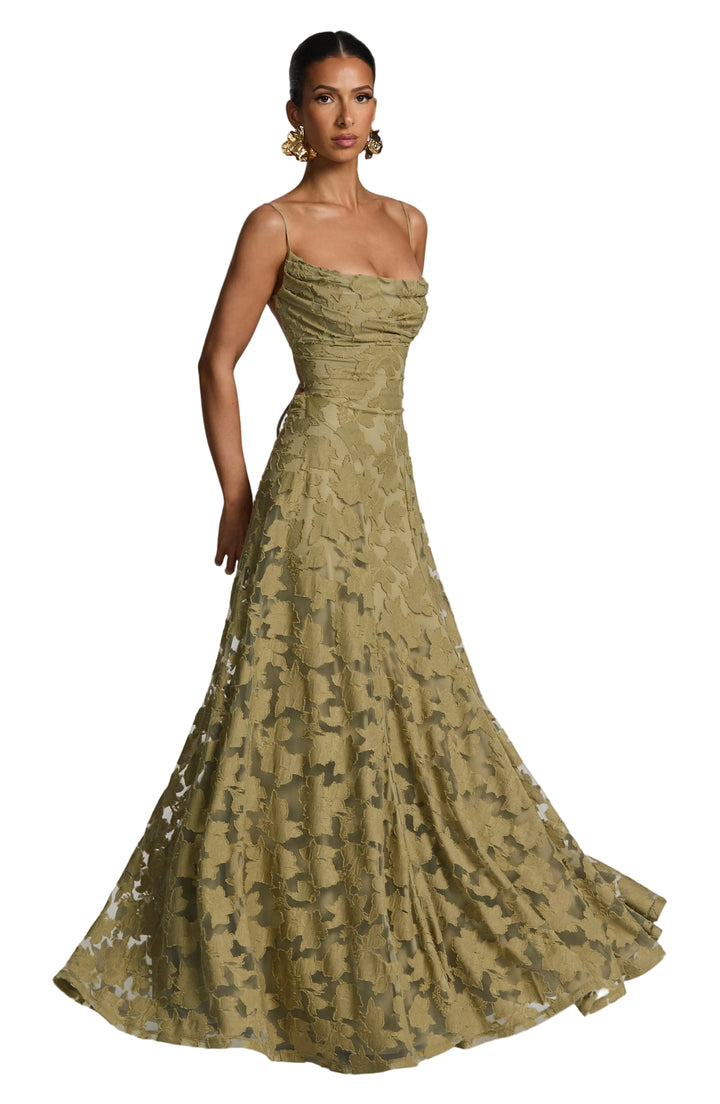 Women's Spaghetti Strap Straight Neckline Maxi Dress with Floral Lace Surface and A-Line Skirt