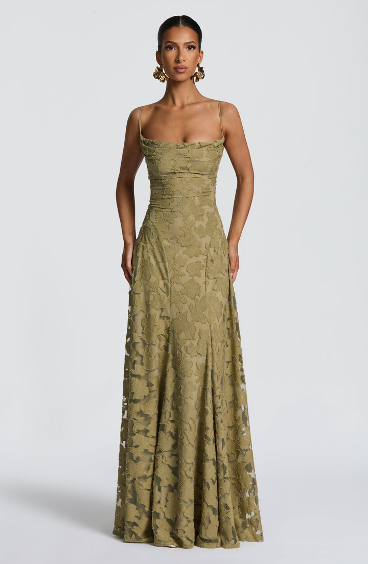 Women's Spaghetti Strap Straight Neckline Maxi Dress with Floral Lace Surface and A-Line Skirt